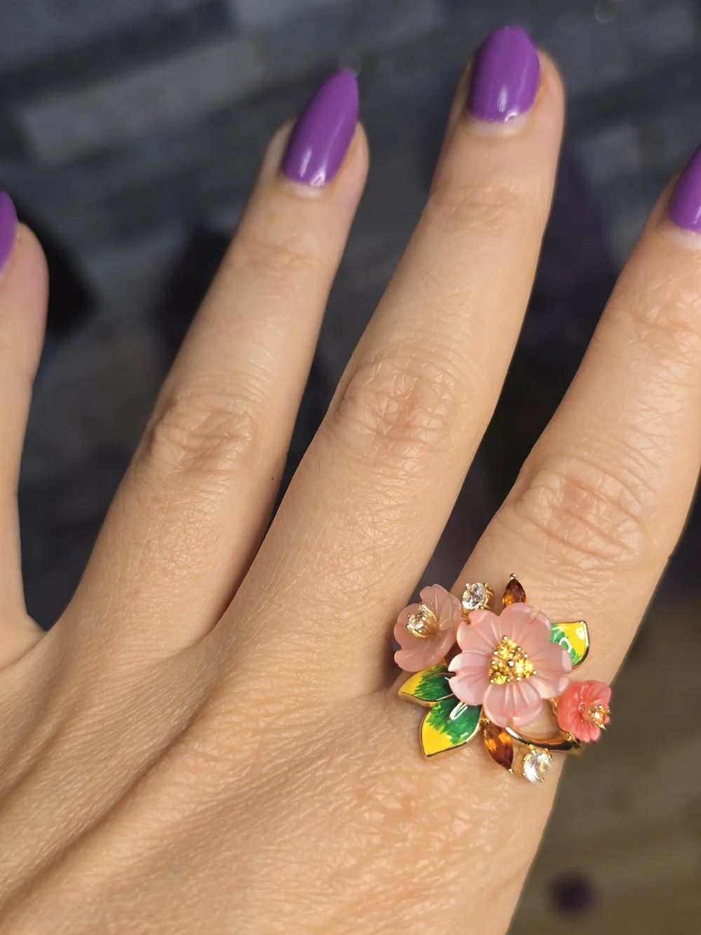 Pink Mother of Pearl Citrine White Sapphire Enamel Floral Ring Size 8.5